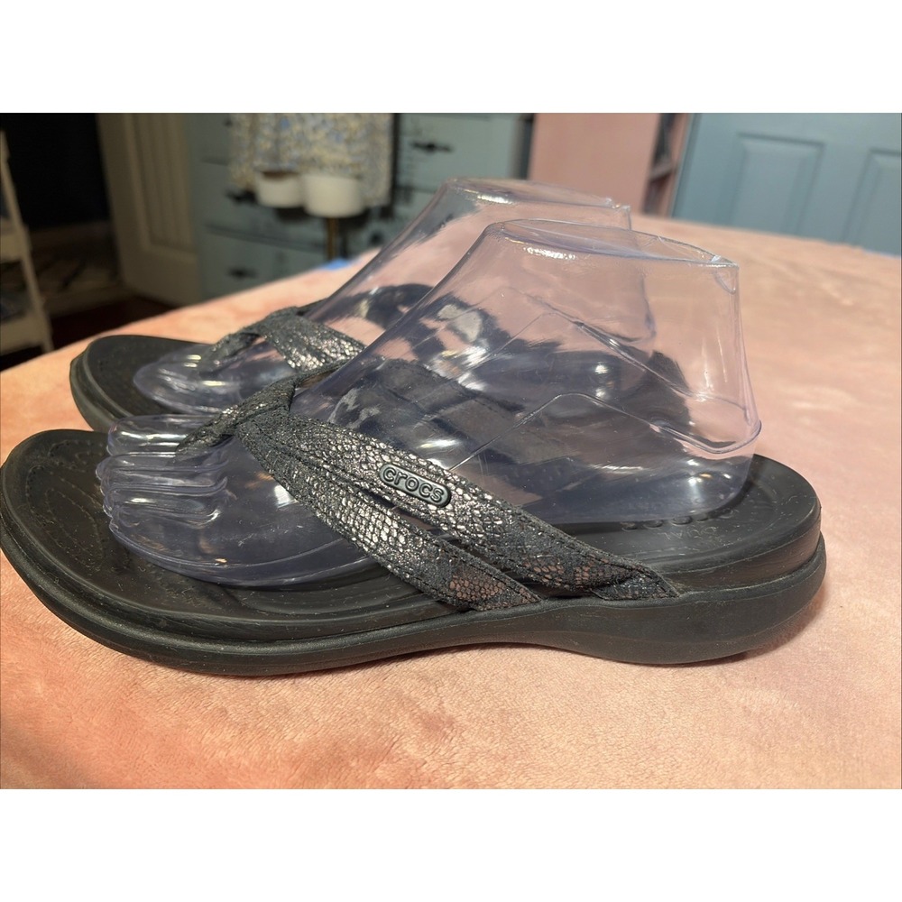 Crocs Capri Strappy Flip Flop Sandals Womens Size 10 Black Shimmer Comfort Thong